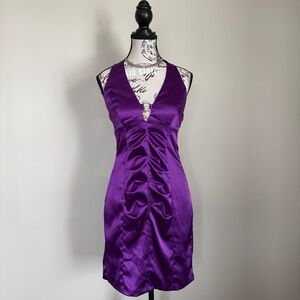 Vintage purple halter mini ruched dress with rhinestone detail